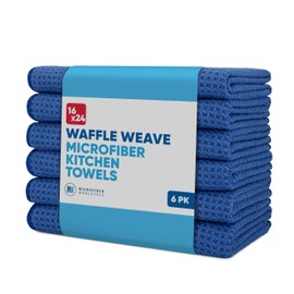Kitchen Towels - Microfiber Waffle Weave Towels | Blue | 16 x 24 in. (6 Pack) | Absorbent, No Lint, Thick, Reusable, Commercial, Soft, Hand, Tea, Glass, Bar, Sublimation Blank, Polyester Cloths