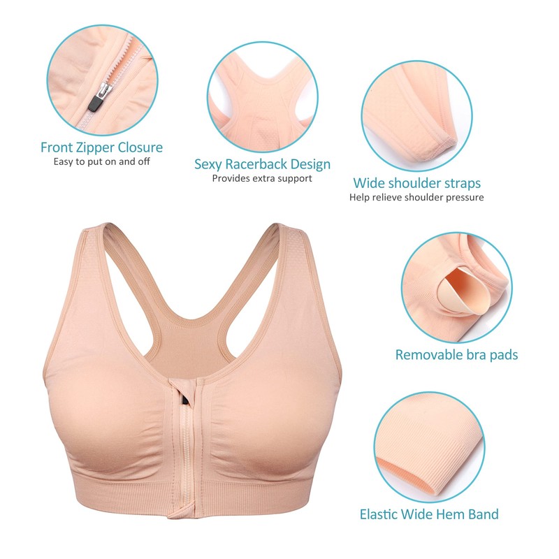 WANAYOU Women's Zip Front Sports Bra Wireless Post-Surgery Bra Active