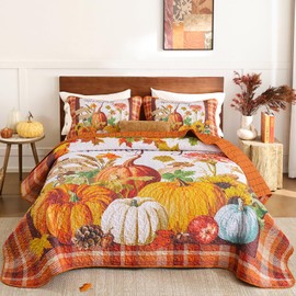 Thanksgiving Quilt Set King Size,Fall Farm Bedspread Pumpkin Sunflower Coverlet Set,Autumn Harvest Themed Polyester Bedding Set 3 Pieces