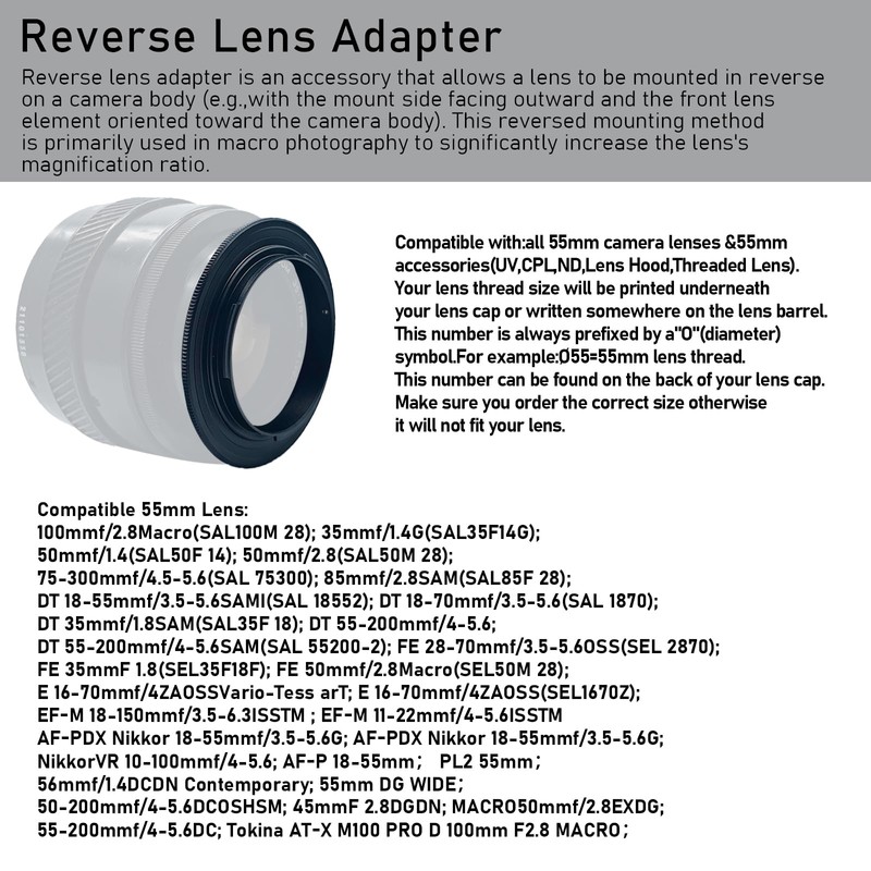 EF-55mm Reverse Adapter for EF-S Cameras 70D,77D,80D,10D,20D,30D,40D, 50D,5D,5D Mark II,5D