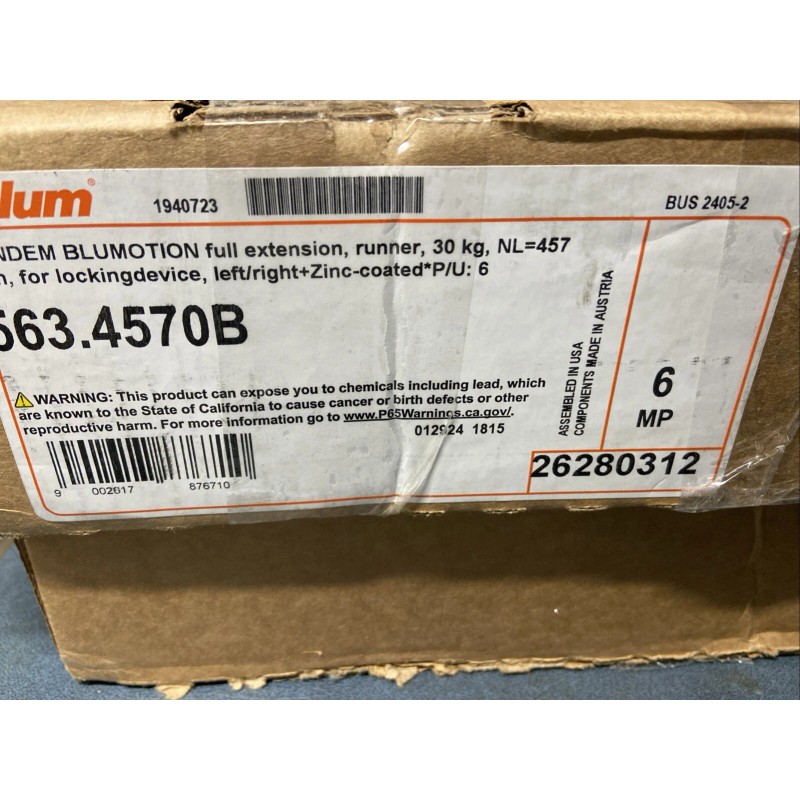 Blum 563.4570B TANDEM 18" Concealed Undermount Slide, 100 lb Cap,