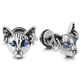 Mens Womens Cat Stud Earrings in Stainless Steel, Blue Eye CZ, Screw Back, Punk Rock Biker, 2 pcs