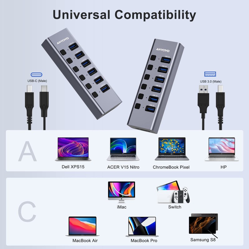 Hub USB alimentado con lector de tarjetas TF/SD, concentrador USB