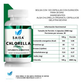 Alga Chlorella Orgnica 120 Cps  Suplemento Alimenticio  Saisa Herbal  Detox, Energa y Sistema Inmune  Antioxidante Natural                            