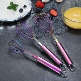 Evanda Rainbow Whisk Set of 3 Stainless Steel Titanium Plated 20cm 25cm 30cm Whisk Dressing Muddler Pipe Handle Kitchen Tools Cookware Dishwasher Safe