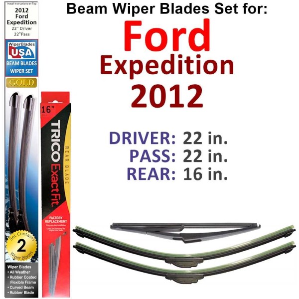Beam Front &Rear Wiper Blades for 2012 Ford Expedition (Set