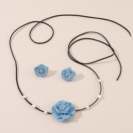 Denim earrings for Women Trendy Flower Jewelry Set Blue Fabric Flower Necklace Earrings Set Camellia Floral Statement Accessories Party Prom Birthday Dresses