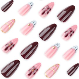 Press On Nails, Summer Flower Fake Nails, Cute Design Floral Stick On Nails, Short Square Almond Ballet Shape Glue on Nails on 24PCS (Almond Brown Flower)