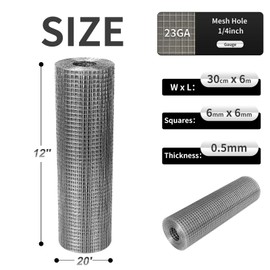 Hardware Cloth 12'' x 20' 1/4 in Galvanized Wire Mesh Roll (23 GA) Chicken Wire Fence Roll for Chicken Pen/coop Fences, Screen mesh, Rabbit/Snake Fences, Poultry enclosures, Handicraft Making, etc.