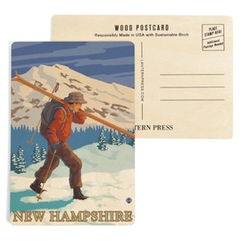 New Hampshire, Skier Carrying Skis (4x6 Birch Wood Postcards, 2-Pack Stationary, Rustic Home Wall Decor)
