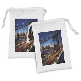 Lunarable NYC Fabric Pouch Set of 2, Sunset at Brooklyn Bridge River Famous Touristic Attractions Large Modern, Small Drawstring Bag for Toiletries Masks and Favors, 9" x 6", Dark Orange Night Blue