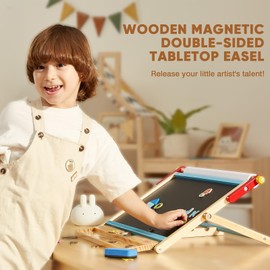 FUNLIO Double-Sided Tabletop Easel for Kids Ages 3+ (100+ Pcs), Wooden Magnetic Table Easel with 3 Adjustable Angles, Kids Easel with Whiteboard, Chalkboard & Paper Roll, Foldable&Anti-Warping - Pink