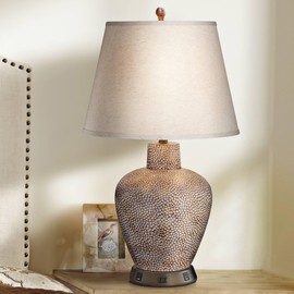 360 Lighting Bentley Southwestern Table Lamp with USB and AC Power Outlet Workstation Charging Base 29" Tall Brown Leaf Hammered Pot Off White Empire Shade for Living Room Bedroom Bedside