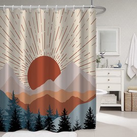 Ruelvth Mid Century Shower Curtain, Boho Sunrise Shower Curtain for Bathroom Waterproof Abstract Terracotta Mountain and Forest Bathroom Curtain Set with Hooks, 72x72 Inch