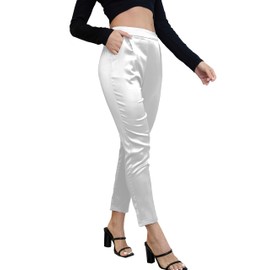 Women's Silky Satin Wedding Dressy Casual Elastic Waist Pants Party Club Wear Trousers White