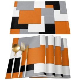 Orange Black and Grey Modern Placemats Set of 6 Abstract Art Table Place Mats,Heat Insulation Table Mats Non Slip Washable Dining Placemats for Wedding Holiday Party Kitchen Decor 13x19 in