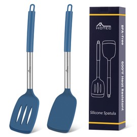 HOTEC Heat Resistant Silicone Solid Turner, Slotted Kitchen Spatulas set Cooking utensils (13.7inch Classic Blue)