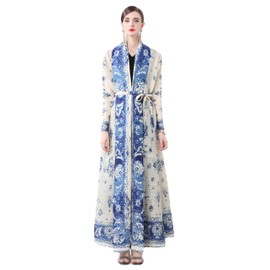 LAI MENG FIVE CATS Women's Lightweight Pleated Fabric Belt Floral Print Loose Open Casual Maxi Outerwear Dress