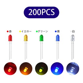 Light Emitting Diodes, Transparent LED Diodes, 200 Pieces, High Brightness, Electronic Component Light, Cannonball Type, Round Head, LED Set, 0.1 inches (3 mm), White, Green, Red, Blue, Yellow, 5