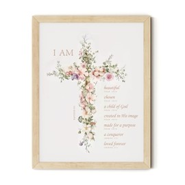 TwoDays Baptism Gifts for Girl, Floral Bible Verse Cross Wall Art for Kids Christian Confirmation Keepsake, First Communion Party Decor for Boys (12" X 16", With Nature Wood Frame)
