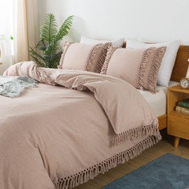 Softta Boho Queen Size 3Pcs Duvet Cover Set Lightweight Aesthetic for Girls Bedding Set 100% Washed Cotton Tassel Fringed Vintage Elegant Ruffle Duvet Covers Set Taupe
