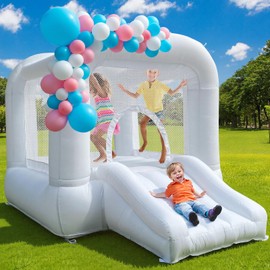 Bounce House,White Bounce House with Slide,Bouncy Castle for 3-6 Kids, 8.33ft L x 5.4ft W x 6.17ft H, Indoor/Outdoor, Castle Theme（Without Blower）