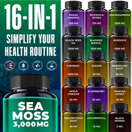 Sea Moss Black Seed Oil Ashwagandha Ginger - Advanced Irish Sea Moss Capsules All in One Supplement with Seamoss Black Seed Oil Ashwagandha Burdock Root Bladderwrack - Pills for Energy, Immune, Gut
