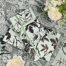 Decorative Floral Gift Wrapping Tissue Paper, Mint Green with Black Peonies, Vintage Flower Tissue Paper for Gift Bag Crafts, Packaging Filler for Birthday, Wedding, Bouquet, 15 Sheets, 20 x 30 inches