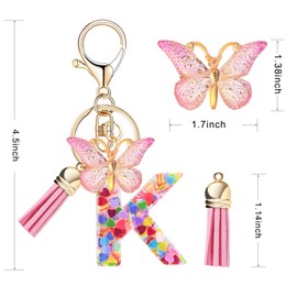 Xqiang Cute Alphabet Keychain for Women, Letter Butterfly Car Key Accessories, Pink Bag Charms Pendant for Purse, Bag, Handbag (K)