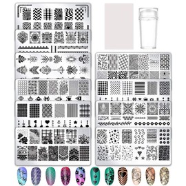 birdsunshine 10 Pcs Nail Stamping Plates, Flowers, Lace, Geometric Patterns Nail Art Stamping Templates Manicure Tool Kit, with 1 Stamper and 1 Scraper