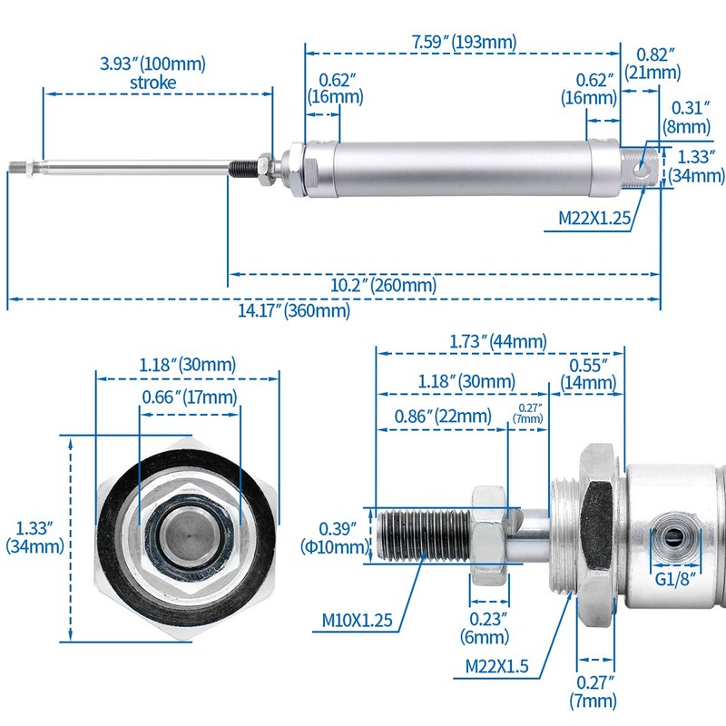 Heschen Pneumatic slim Air Cylinder MAL 25-100 PT1/8 port 25mm