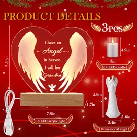 Kittmip Memorial Gift Set Sympathy Gifts for Loss of Loved One,Clear Acrylic Night Light LED Candle Memorial Angel Bereavement Gifts for Mother Mom Christmas in Heaven Memorial Ornament(Heart,Grandma)