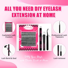 LAKANAKU DIY Lash Extension Kit,280 Pcs Cluster lash Extensions, 10-16mm Mix Wispy Lash Clusters, 40D D Curl Lash Clusters Kit with Bond and Seal and Tweezer and Remover,Fluffty Lash Extensions Kit