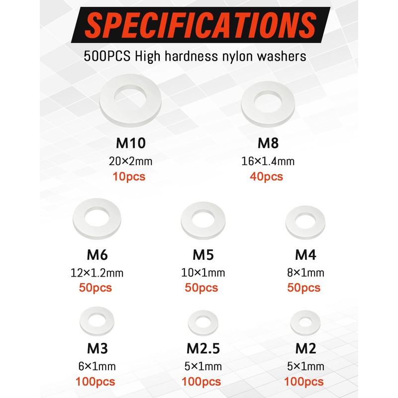 500 Pieces Flat Washers, Jeboler White Washers Plastic Nylon Spacers,