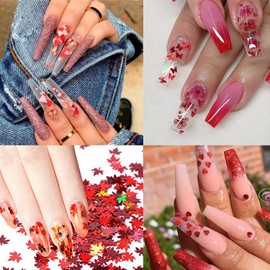 Laser Glitter Nail Art Sequins Holographic 3D Red Glitters Flakes Decor Supplies, Love Heart Letters Stars Circle Butterfly Nail Art Design for Women Manicure Decorations DIY Resin Nails Accessories