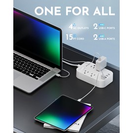 15FT Extension Cord, Flat Plug Power Strip with USB C, 4 Outlets with 4 USB Ports, Wall Mount, Overload Protection, Desk Charging Station for Office, School, Dorm Room Essentials, ETL Listed