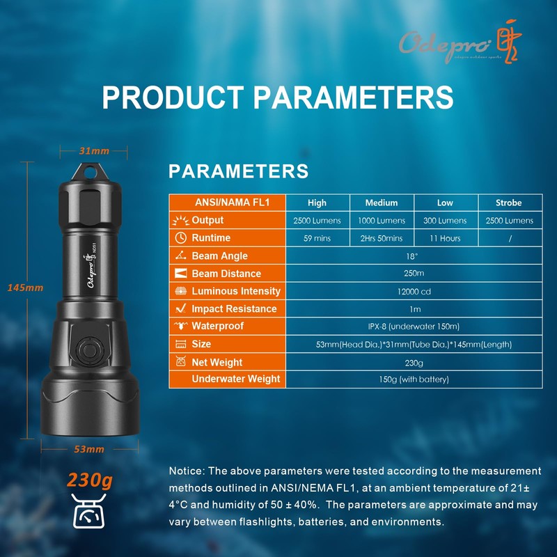 Odepro ND51 2500 Lumens Super Bright Dive Light with 4