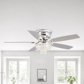 Parrot Uncle Flush Mount Ceiling Fans with Lights and Remote, 52 Inch Low Profile Ceiling Fans with Crystal Chandelier Lights for Bedroom Living Room, 5 Blades, Reversible Airflow, Chrome