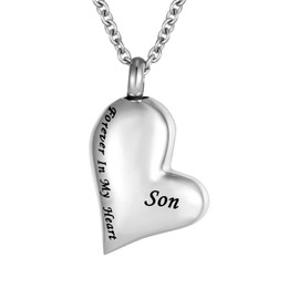 Skew Heart Cremation Urn Ashes Necklace Forever in My Heart Stainless Steel Keepsake Waterproof Memorial Pendant … (Son)