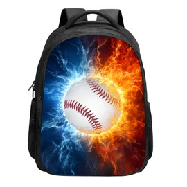 KAFFUL Kids Baseball Backpack, Cool Fire and Ice Baseball School Bookbag, Elementary Girls & Boys Baseball Backpack for Kids, Water Resistant Lightweight School Bags with 2 Compartments, 15.7 Inches