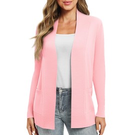 EXCHIC Women's Long Sleeve Knitted Cardigan, Lightweight Cosy Open Front, Long Casual Jacket with Pockets, pink