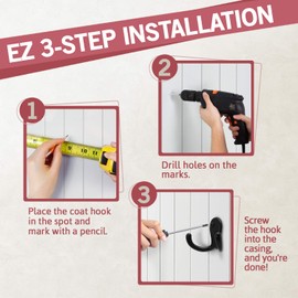 Jack N’ Drill 5 + 1 Pack Double Coat Hooks in Black Finish, Easy to Install, Stronger & More Durable for Heavy Items, Wall Mount Hook for Hanging Towels, Coats, Hats, Heavy Bags, and More