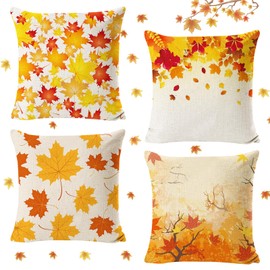 Pack of 4 Decorative Cushion Covers, Autumn Cushion Covers, 45 x 45 cm, Decorative Cushion Cover, Thanksgiving, Autumn Cushion Cover, Maple Leaf Cushion Cover Made of Linen, Sofa Cushion Autumn