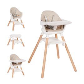 Komcot High Chair, 6 in 1 Wooden Convertible High Chairs for Babies and Toddlers, Booster Seat with Double Tray & Reversible Footrest Baby Highchair, 5-Point Harness Baby Feeding Chair, Black
