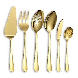 Juego de 6 utensilios de cocina de acero inoxidable para servir dorados, incluye servidor de pasteles, tenedor de carne fría, cuchara ranurada, cuchara para servir, cuchara para sopa de cuchillo de