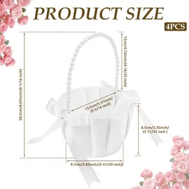 4-Piece Flower Girl Baskets for Wedding - Pure White Flower Petal Baskets with Pearl Handle & Satin Bow, Elegant Wedding Ceremony Decorations & Bridal Party Supplies (Set of 4)