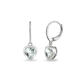 Valentines Day Earrings for Women 6mm Bezel Heart Genuine Gemstone Sterling Silver Dainty Leverback Light Blue Aquamarine Dangle Earring