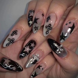 MISUD Press on Nails - Medium Almond Glue on Nails with Goth Black Star, Acrylic Silver Chrome Y2K Design 24 pcs