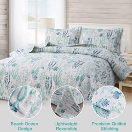 Quilt Set King Size Beach Bedspread Bedding Coastal Ocean Quilt​Summer Quilt Bedspread Coverlet Lightweight Quilt Bedding Reversible Quilt Collections Seaweed Seahorse Home Decor Quilt