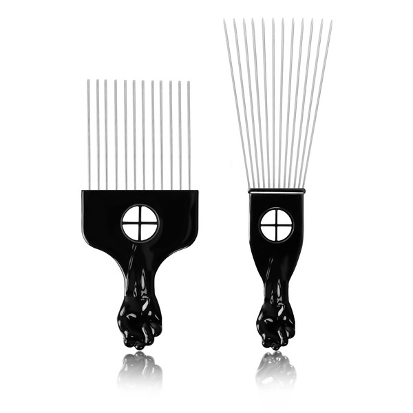 Afro Metal Hair Comb, Pack of 2, Black African Comb, Durable Stainless Steel Hair Comb, Antistatic for Men and Women, Styling, Wide Tooth Comb for Natural Curly Hair, Afro Beards, Home Salon Styling